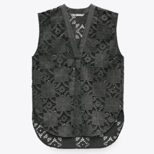 Zara oversized khaki openwork embroidered sleeveless top NWT